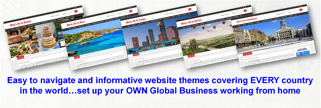 Easy to navigate and informative website themes covering EVERY country in the world…set up your OWN Global Business working from home
